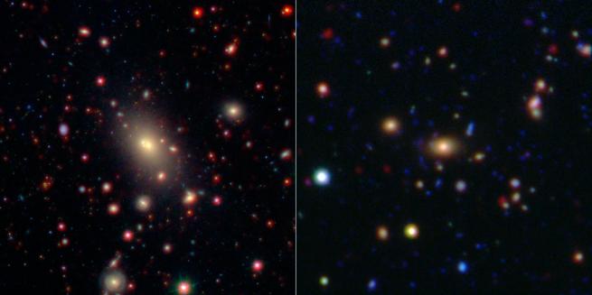 Esta imagem mostra dois dos aglomerados de galÃ¡xias observadas pelo NASA Wide-field Infrared Pesquisa Explorer (WISE) e pelo TelescÃ³pio Espacial Spitzer . Aglomerados de galÃ¡xias estÃ£o entre as estruturas de maior massa no universo. A galÃ¡xia central e maior em cada agrupamento, o chamado GalÃ¡xia mais brilhante do aglomerado ou BCG, Ã© visto no centro de cada imagem.  Image credit: NASA/JPL-Caltech/SDSS/NOAO  